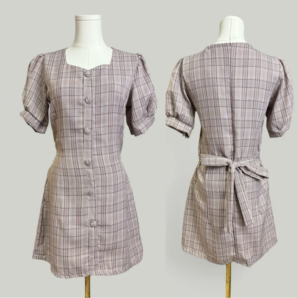 Plaid Dress Women Size Medium Brown Midi Sweetheart Neckline Puff Short Sleeves - Picture 1 of 11
